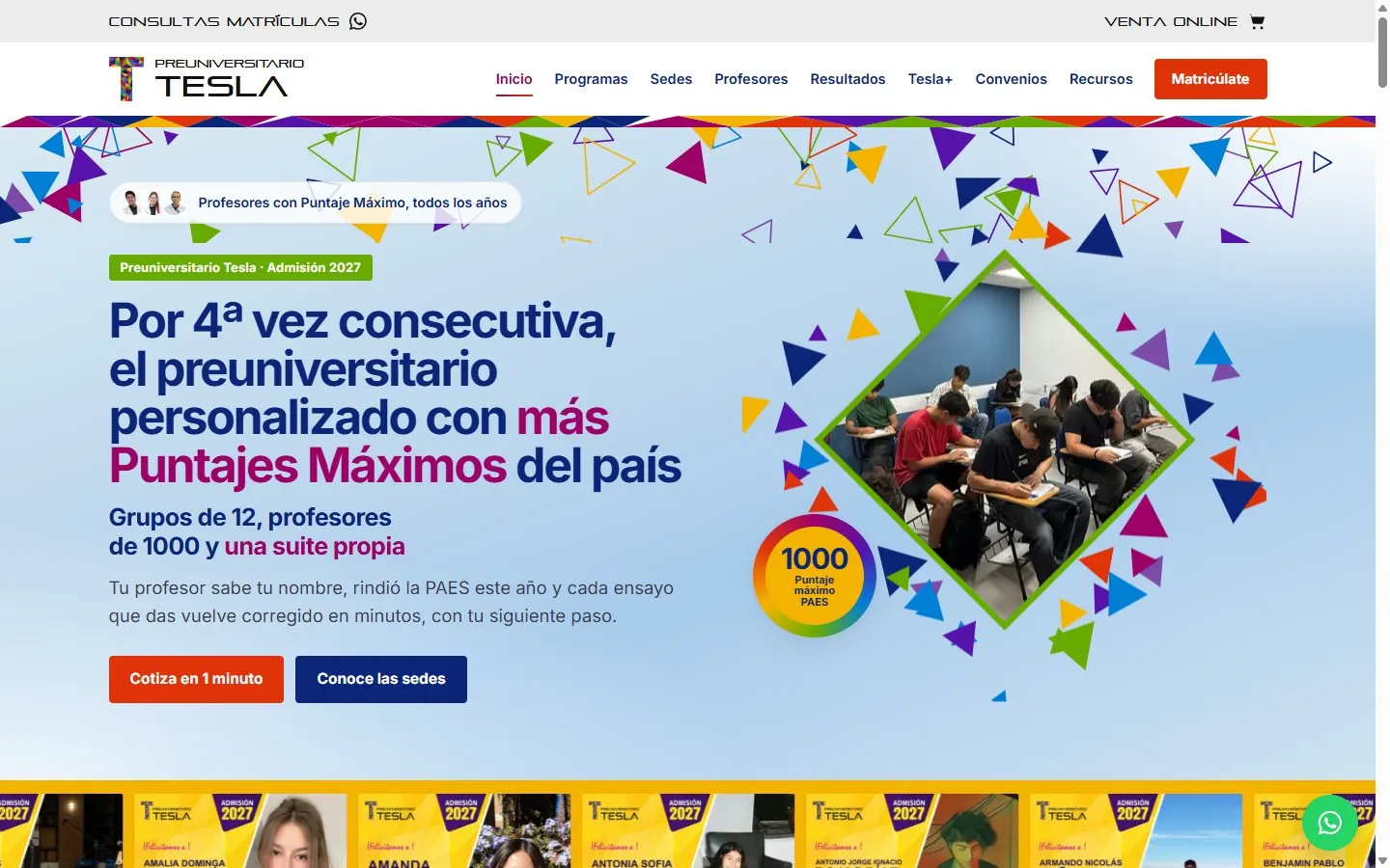 Portada de preuniversitariotesla.cl, diseñada y mantenida por Voltio